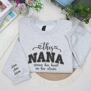 Personalized nana sweatshirt with embroidered grandkids names on sleeve custom grandma gift
