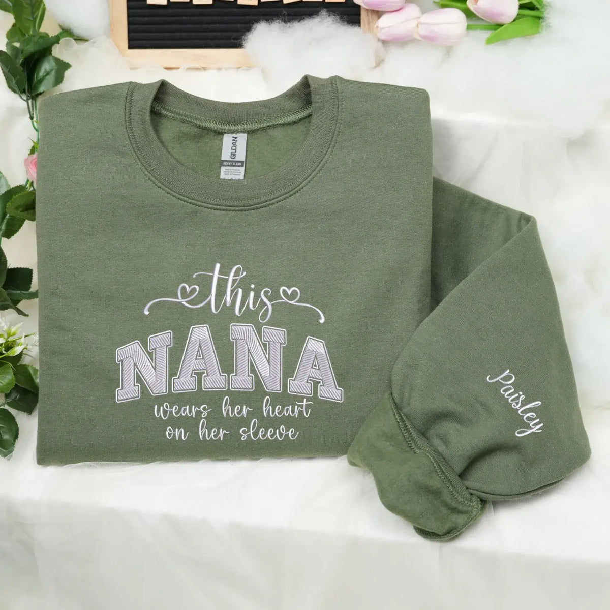 Personalized nana sweatshirt with embroidered grandkids names on sleeve custom grandma gift