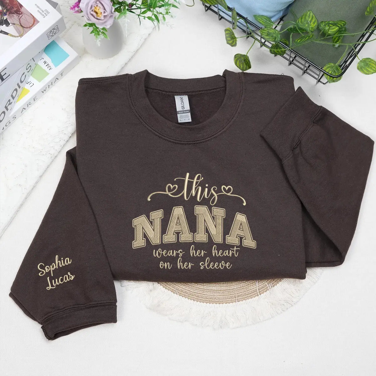 Personalized nana sweatshirt with embroidered grandkids names on sleeve custom grandma gift