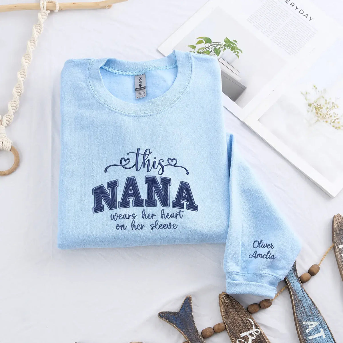 Personalized nana sweatshirt with embroidered grandkids names on sleeve custom grandma gift