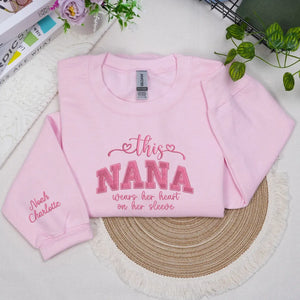 Personalized nana sweatshirt with embroidered grandkids names on sleeve custom grandma gift
