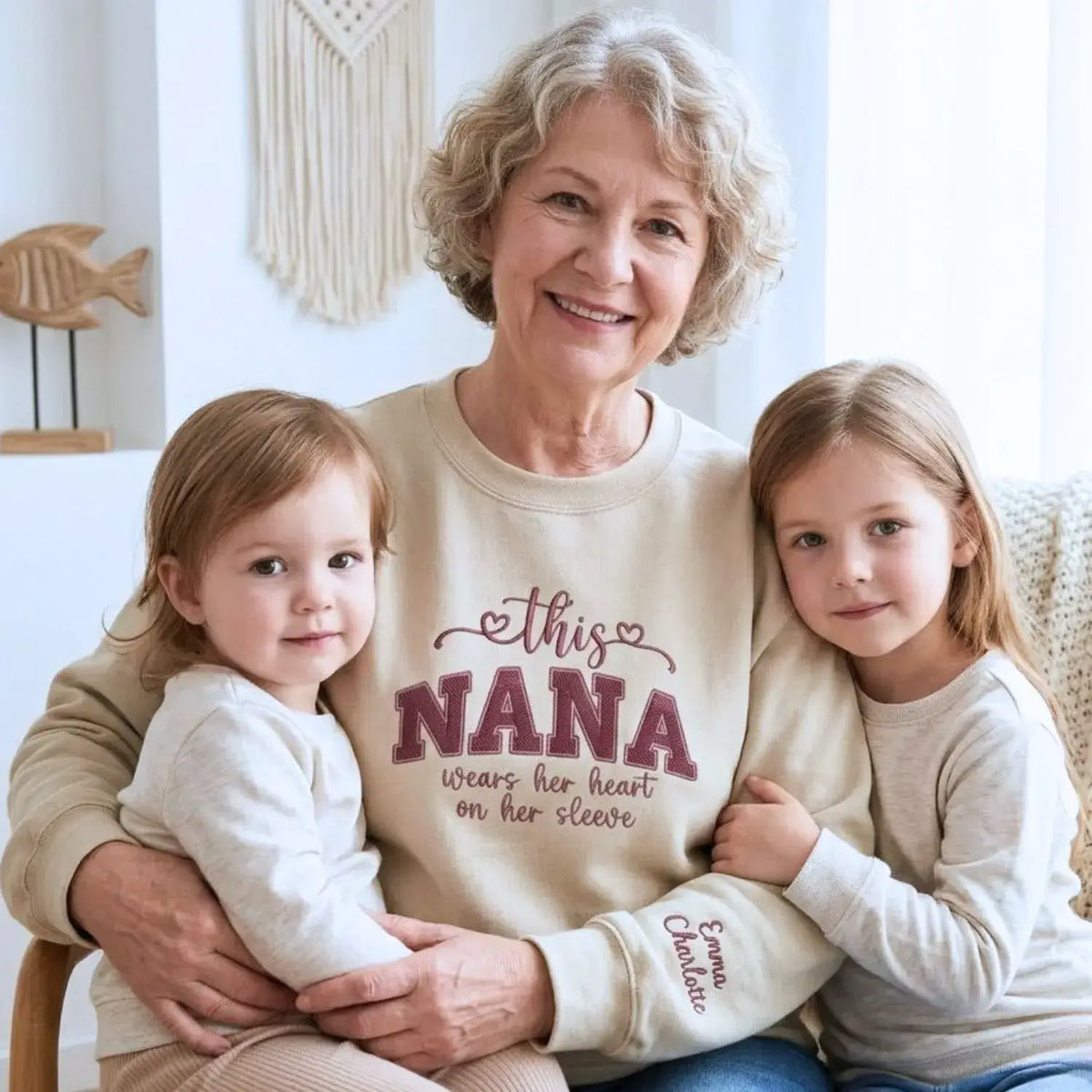 Personalized nana sweatshirt with embroidered grandkids names on sleeve custom grandma gift