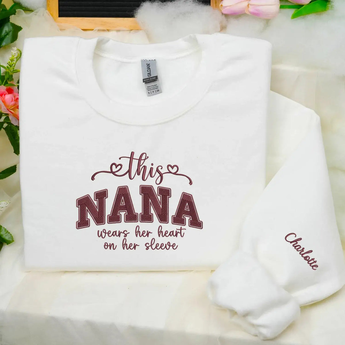 Personalized nana sweatshirt with embroidered grandkids names on sleeve custom grandma gift