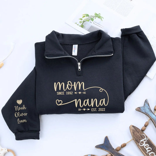 Custom embroidered Nana EST quarter zip sweatshirt with grandkids names personalized Mother's Day gift for grandma