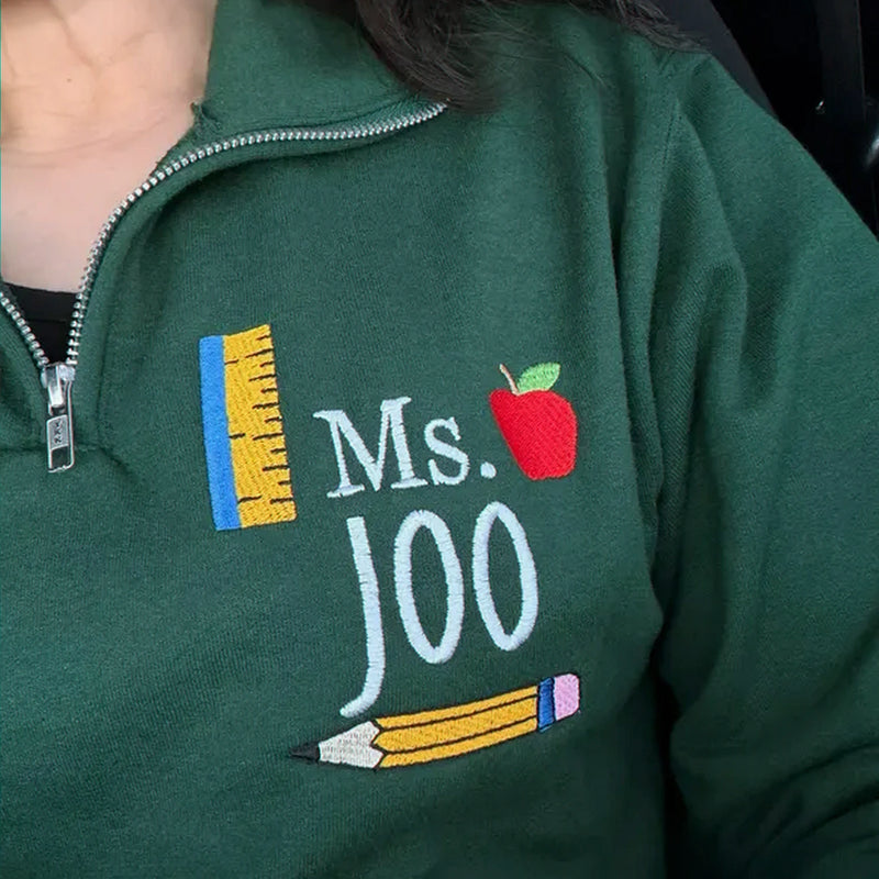 Personalized New Teacher Quarter Zip for Girlfriend - Embroidered Name with Boho Apple Pencil - First Time Teacher Gift for Her
