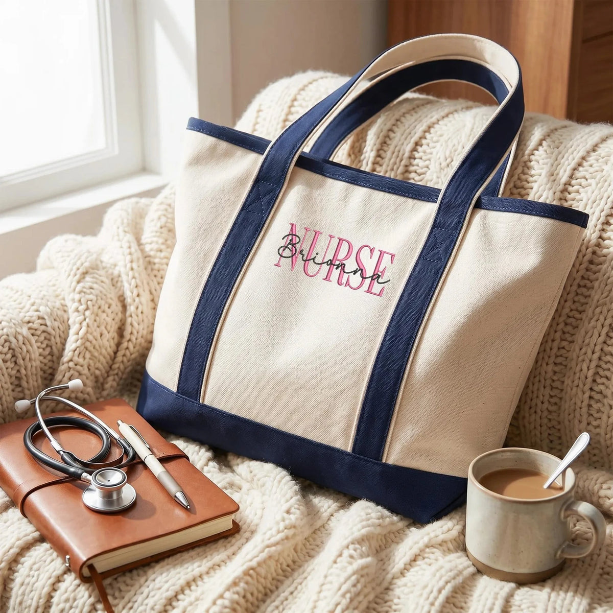 Personalized Nurse Canvas Tote Bag, Custom Name Embroidery RN LPN CNA Gift, Aesthetic Nurse Week Gift