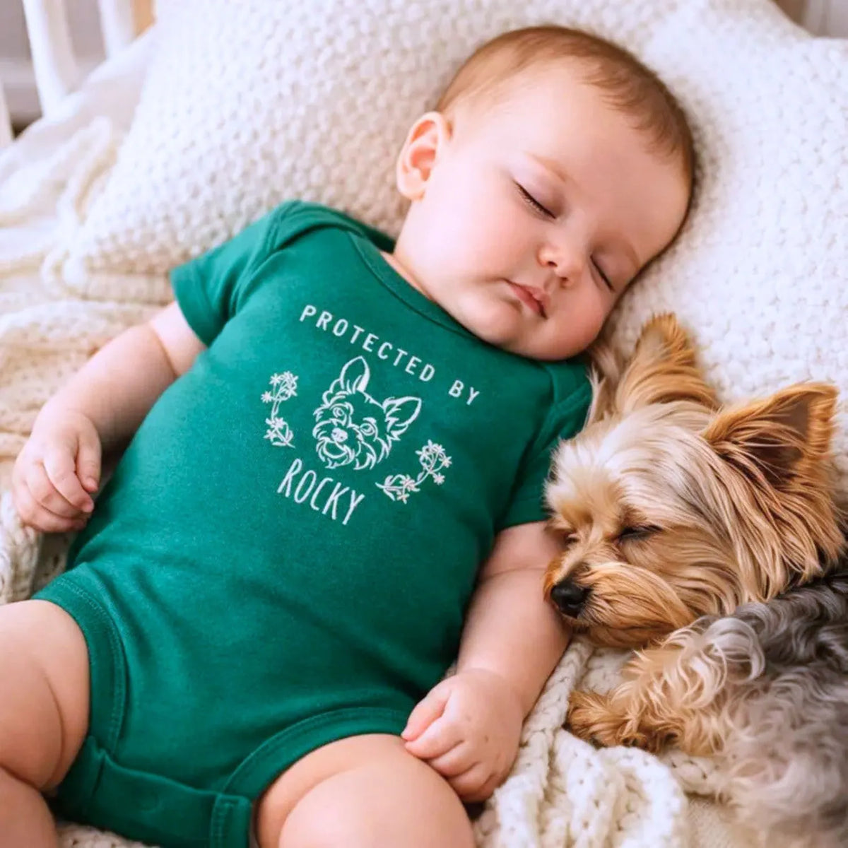 personalized baby onesie with embroidered dog portrait from photo for newborn announcement