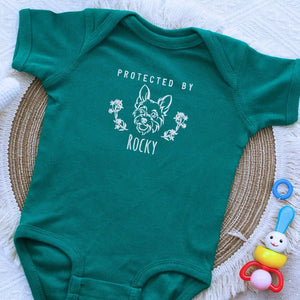 personalized baby onesie with embroidered dog portrait from photo for newborn announcement