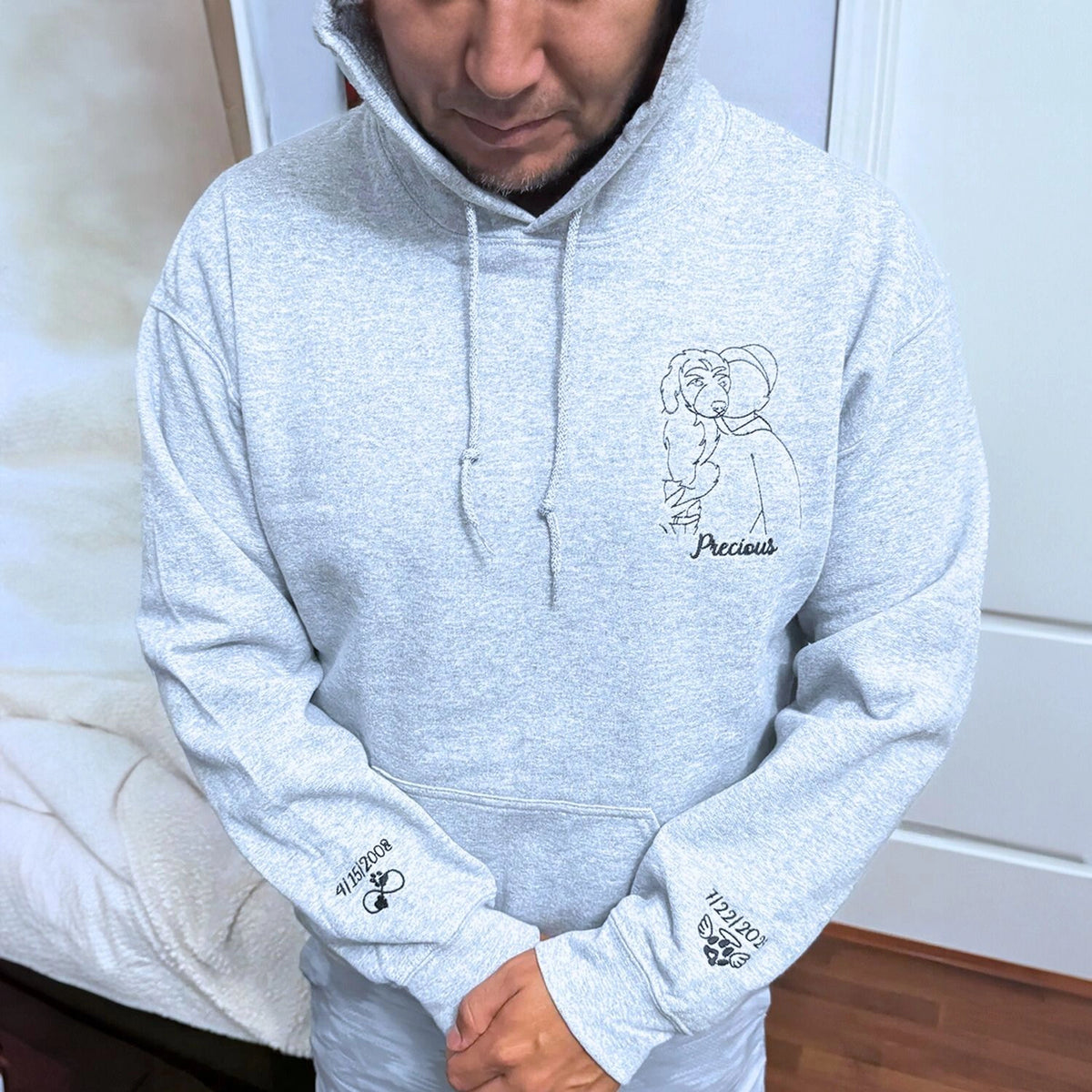 Embroidered pet memorial sweatshirt featuring personalized dog or cat photo for remembrance.