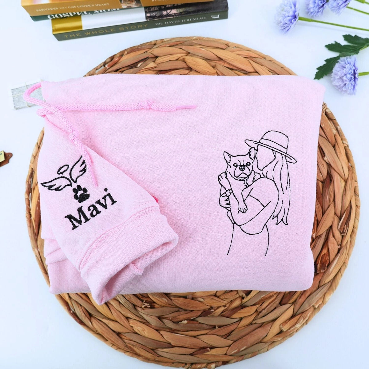 Embroidered pet memorial sweatshirt featuring personalized dog or cat photo for remembrance.