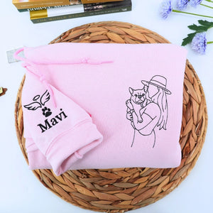 Embroidered pet memorial sweatshirt featuring personalized dog or cat photo for remembrance.