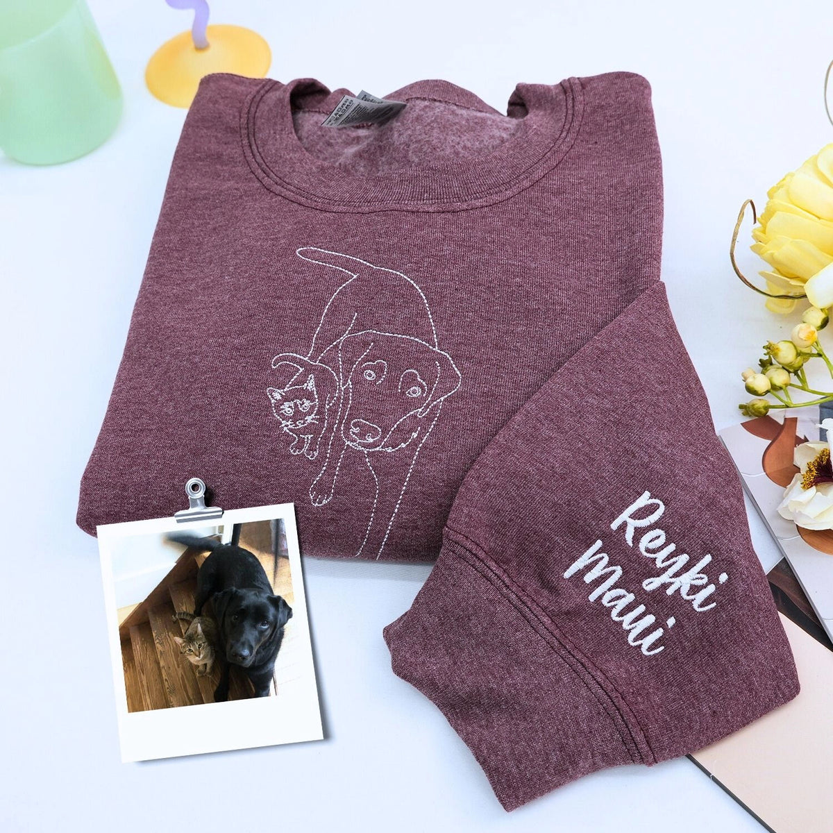Embroidered pet memorial sweatshirt featuring personalized dog or cat photo for remembrance.