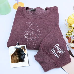 Embroidered pet memorial sweatshirt featuring personalized dog or cat photo for remembrance.