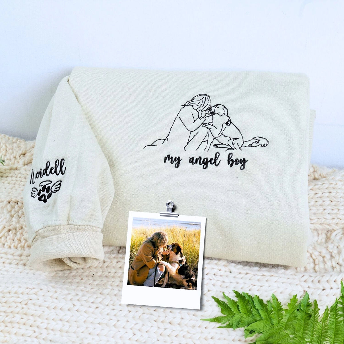 Embroidered pet memorial sweatshirt featuring personalized dog or cat photo for remembrance.