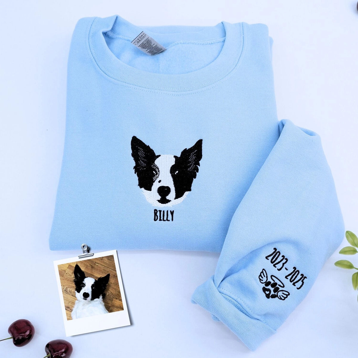 Embroidered pet memorial sweatshirt featuring personalized dog or cat photo for remembrance.
