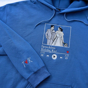 Custom embroidered photo music player hoodie for couples, personalized gift with photo and song design.