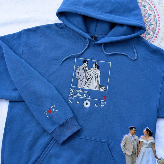 Custom embroidered photo music player hoodie for couples, personalized gift with photo and song design.