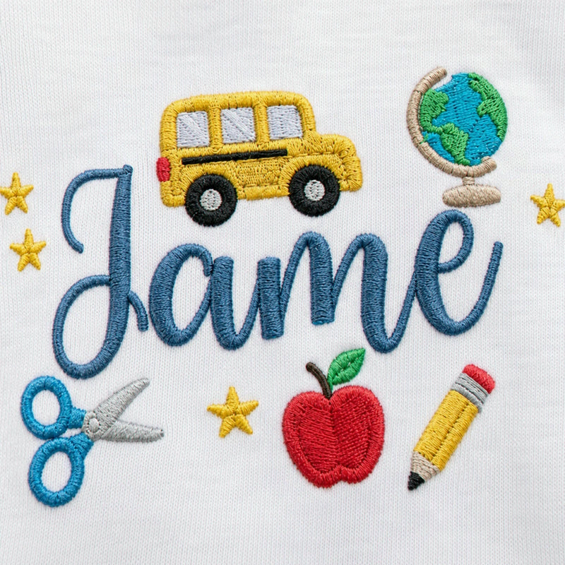 Personalized Pre-K T-shirt for Back to School - Embroidered Kids Name Tee with School Themed Icons