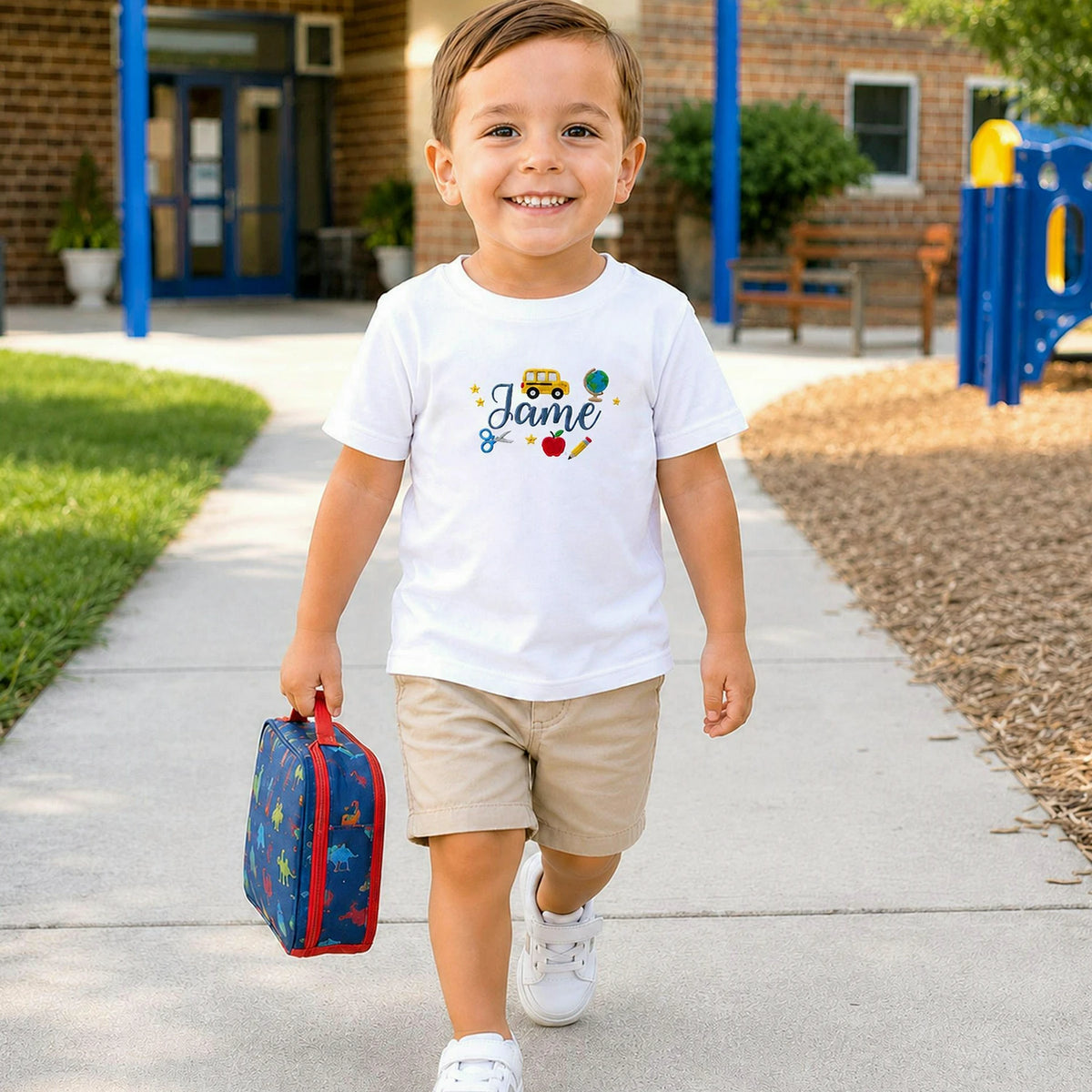 Personalized Pre-K T-shirt for Back to School - Embroidered Kids Name Tee with School Themed Icons