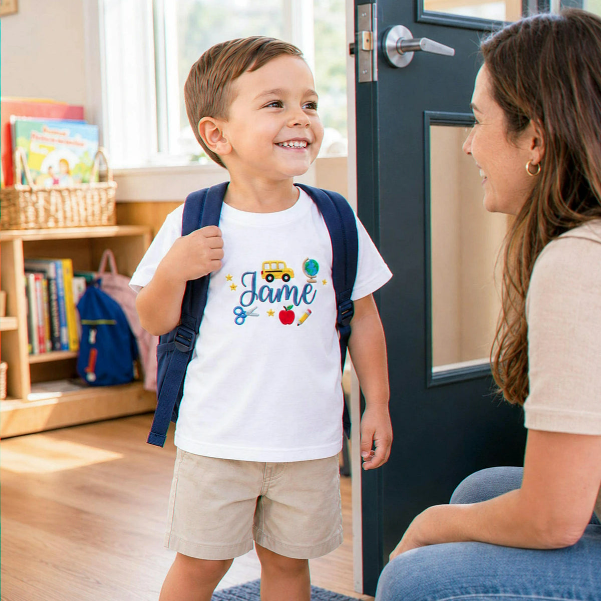 Personalized Pre-K T-shirt for Back to School - Embroidered Kids Name Tee with School Themed Icons