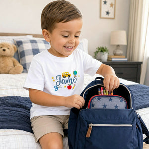 Personalized Pre-K T-shirt for Back to School - Embroidered Kids Name Tee with School Themed Icons