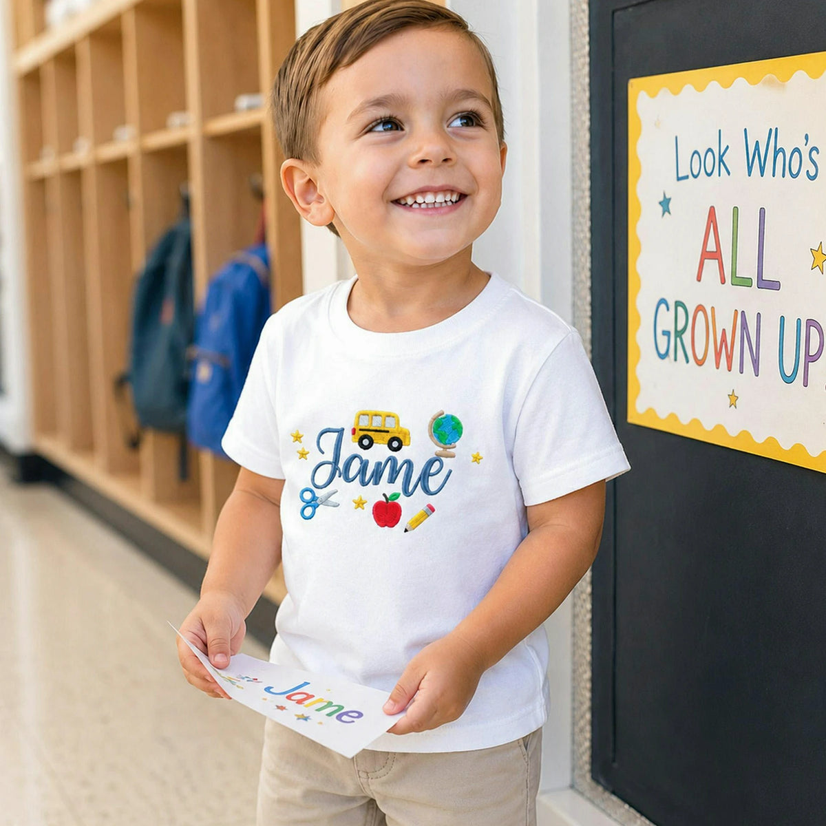Personalized Pre-K T-shirt for Back to School - Embroidered Kids Name Tee with School Themed Icons