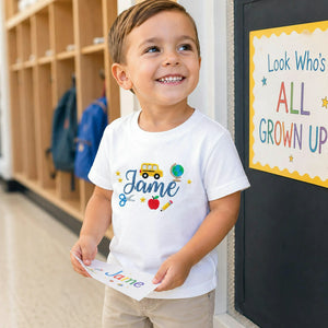 Personalized Pre-K T-shirt for Back to School - Embroidered Kids Name Tee with School Themed Icons