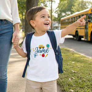 Personalized Pre-K T-shirt for Back to School - Embroidered Kids Name Tee with School Themed Icons