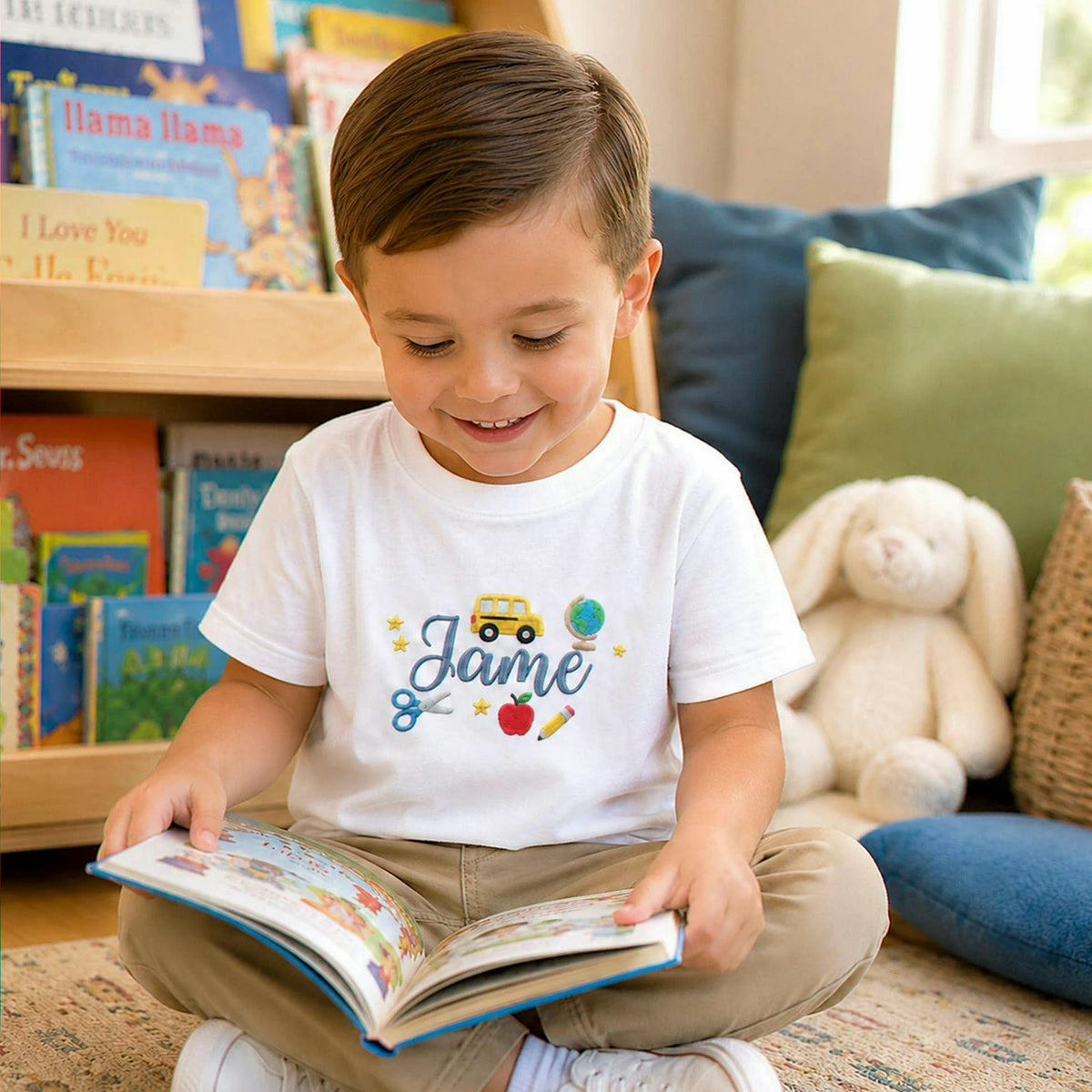 Personalized Pre-K T-shirt for Back to School - Embroidered Kids Name Tee with School Themed Icons