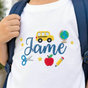 Personalized Pre-K T-shirt for Back to School - Embroidered Kids Name Tee with School Themed Icons
