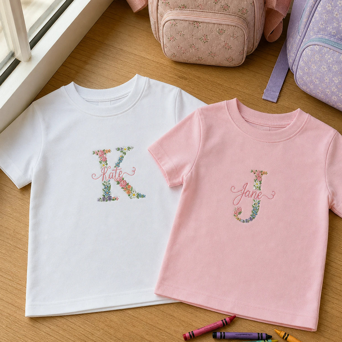 Personalized Preschool T-shirt for Back to School - Embroidered Kids Name & Monogram Floral - New School Year Tee