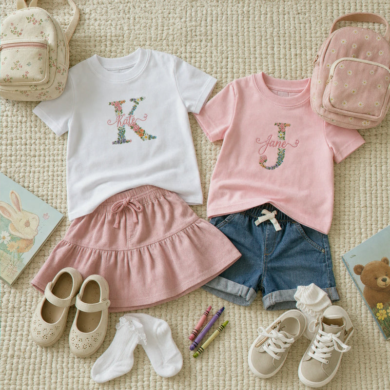 Personalized Preschool T-shirt for Back to School - Embroidered Kids Name & Monogram Floral - New School Year Tee