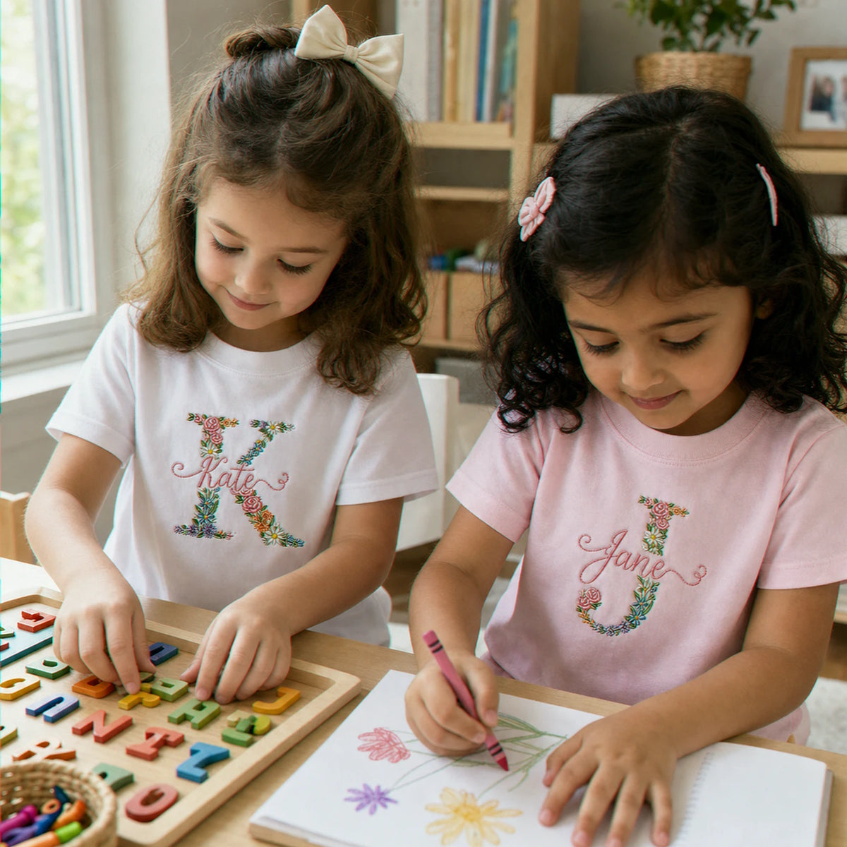 Personalized Preschool T-shirt for Back to School - Embroidered Kids Name & Monogram Floral - New School Year Tee