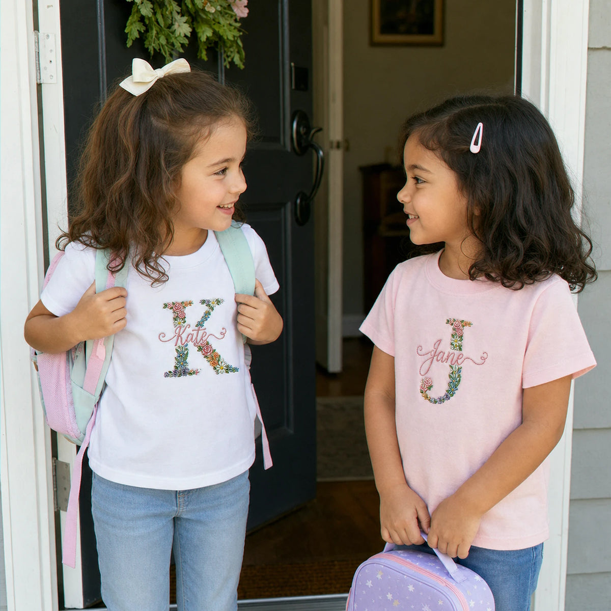 Personalized Preschool T-shirt for Back to School - Embroidered Kids Name & Monogram Floral - New School Year Tee