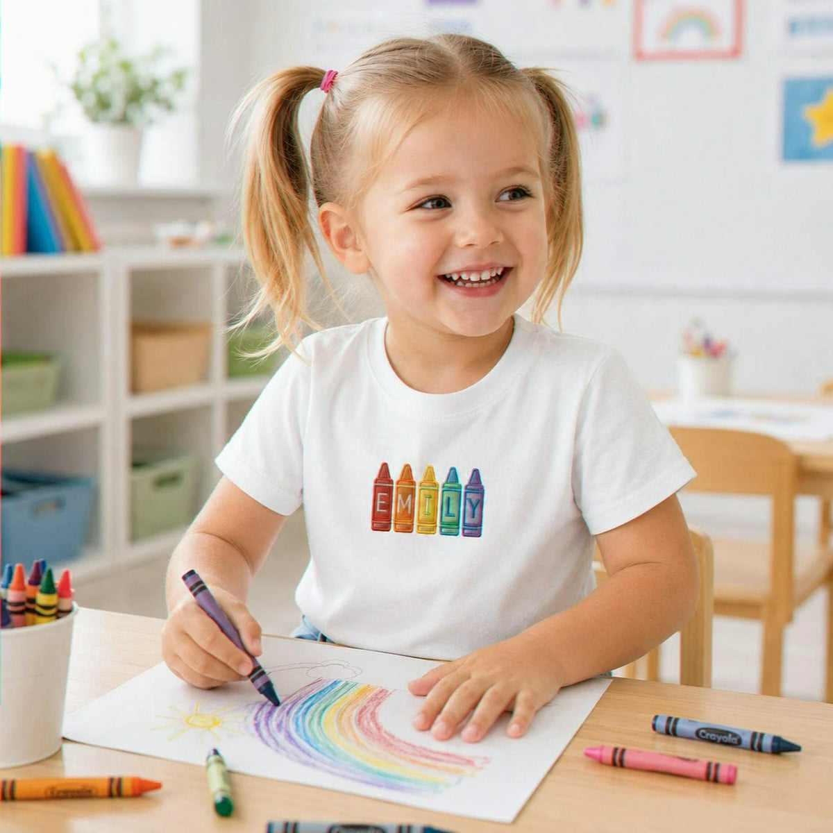 Personalized First Day of Preschool T-shirt for Toddler - Embroidered Name Rainbow Crayon Tee, First School Gift