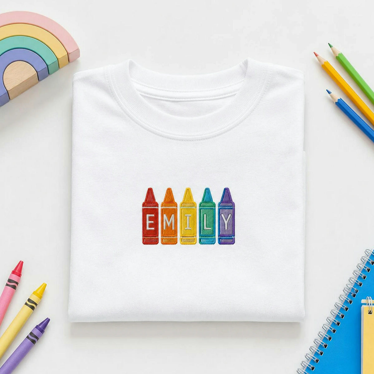 Personalized First Day of Preschool T-shirt for Toddler - Embroidered Name Rainbow Crayon Tee, First School Gift