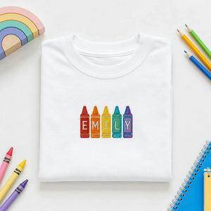 Personalized First Day of Preschool T-shirt for Toddler - Embroidered Name Rainbow Crayon Tee, First School Gift