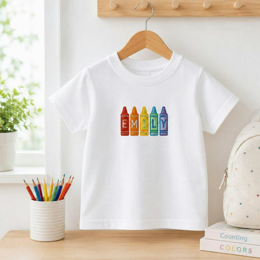 Personalized First Day of Preschool T-shirt for Toddler - Embroidered Name Rainbow Crayon Tee, First School Gift