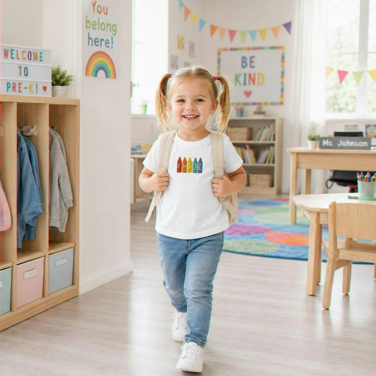 Personalized First Day of Preschool T-shirt for Toddler - Embroidered Name Rainbow Crayon Tee, First School Gift