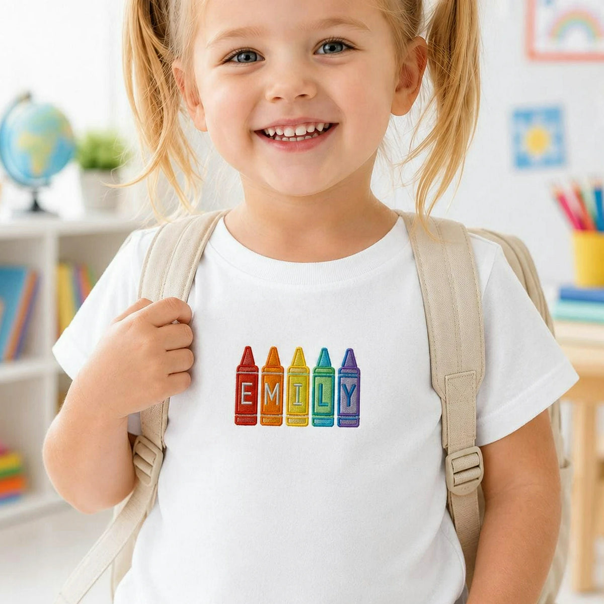 Personalized First Day of Preschool T-shirt for Toddler - Embroidered Name Rainbow Crayon Tee, First School Gift