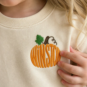 Personalized Halloween Toddler Sweatshirt for Pumpkin Patch Visit - Embroidered Minimalist Pumpkin Name Sweater