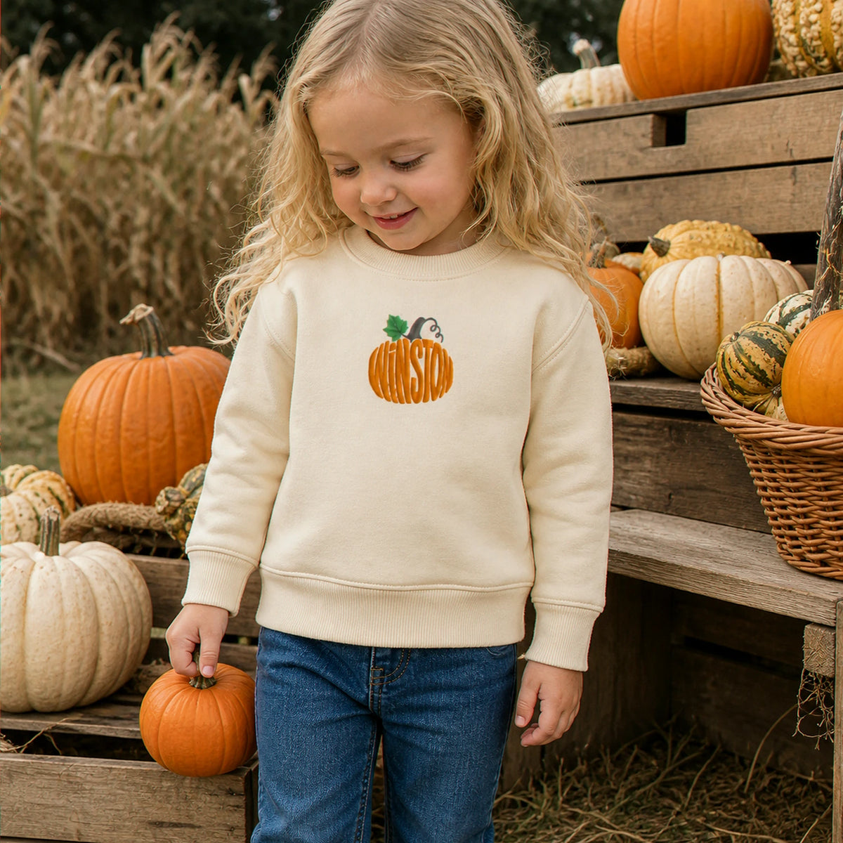 Personalized Halloween Toddler Sweatshirt for Pumpkin Patch Visit - Embroidered Minimalist Pumpkin Name Sweater