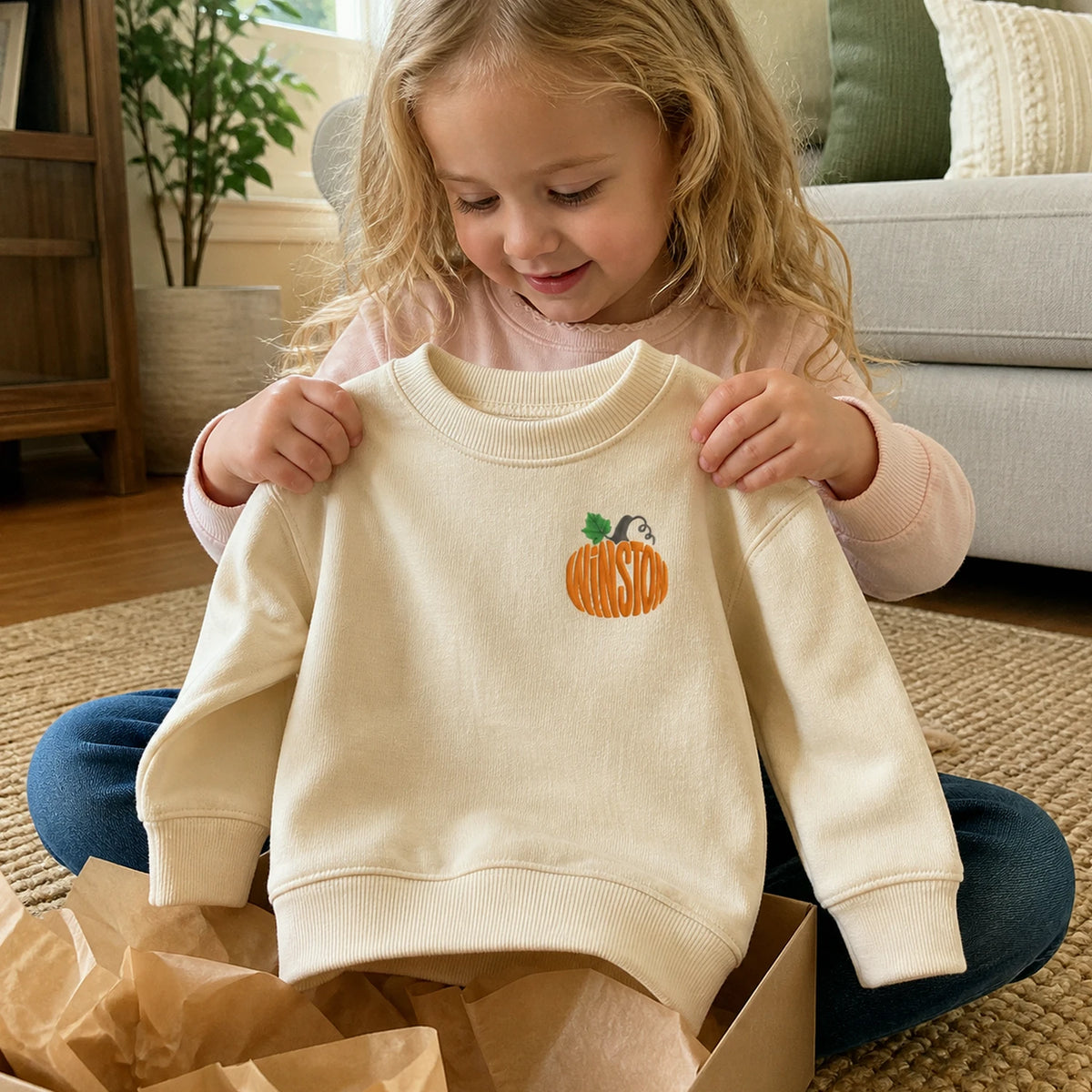 Personalized Halloween Toddler Sweatshirt for Pumpkin Patch Visit - Embroidered Minimalist Pumpkin Name Sweater