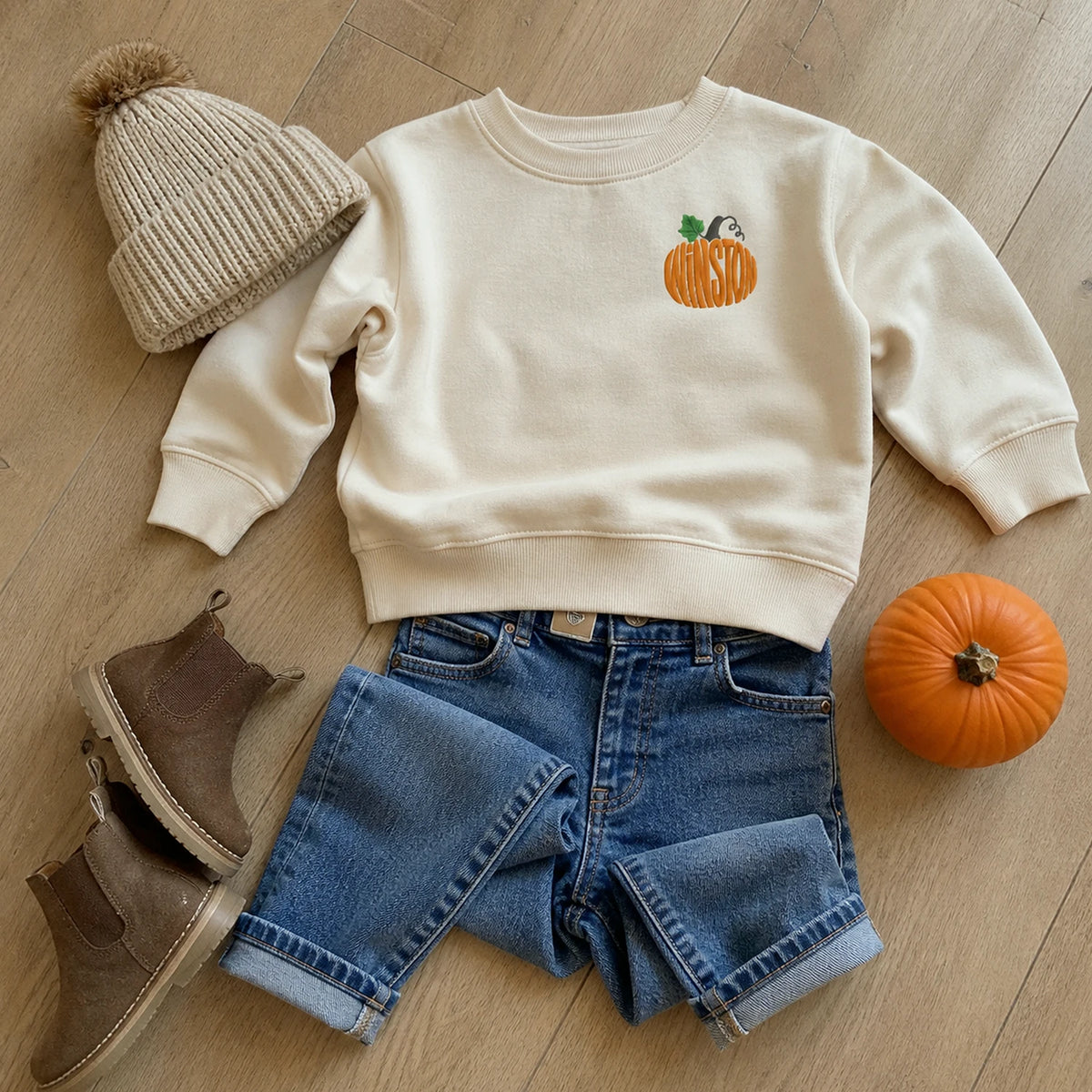 Personalized Halloween Toddler Sweatshirt for Pumpkin Patch Visit - Embroidered Minimalist Pumpkin Name Sweater