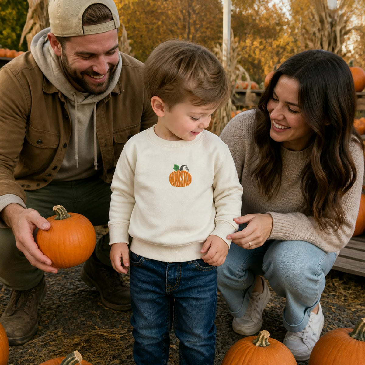 Personalized Halloween Toddler Sweatshirt for Pumpkin Patch Visit - Embroidered Minimalist Pumpkin Name Sweater