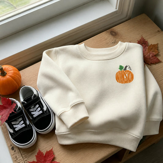 Personalized Halloween Toddler Sweatshirt for Pumpkin Patch Visit - Embroidered Minimalist Pumpkin Name Sweater