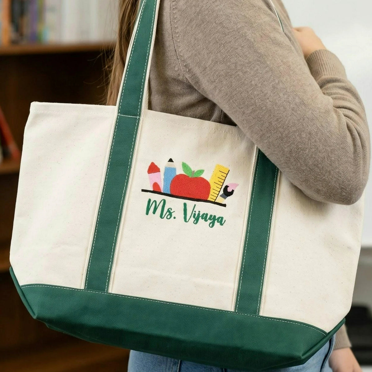 Embroidered Pre-K Teacher Name Tote Bag - Personalized Gift from Student Moms
