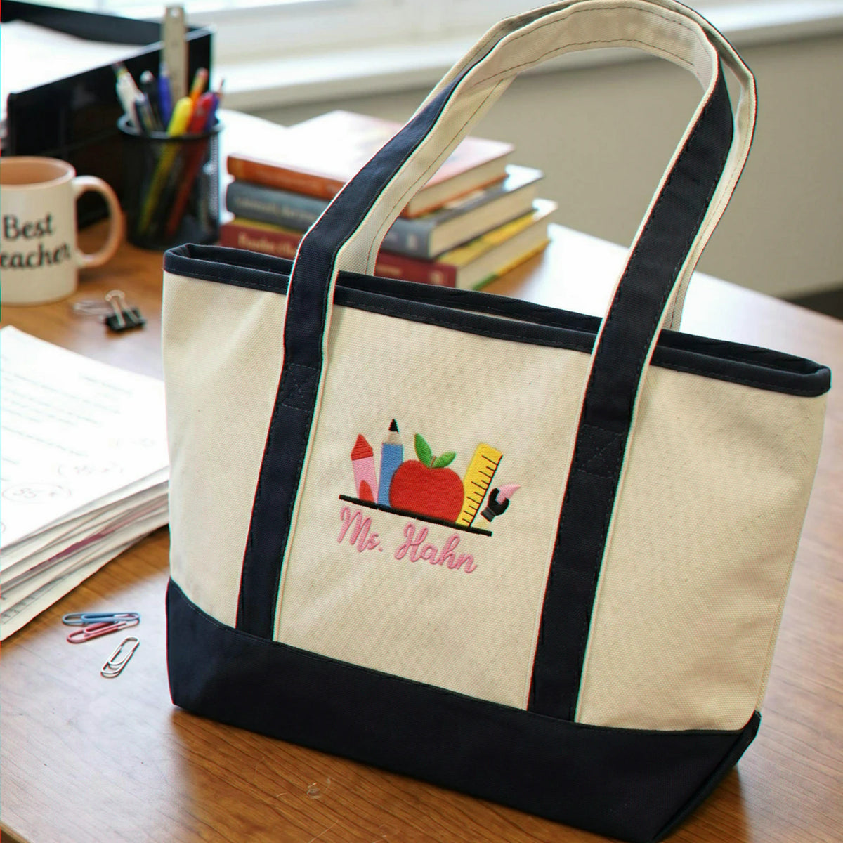 Embroidered Pre-K Teacher Name Tote Bag - Personalized Gift from Student Moms