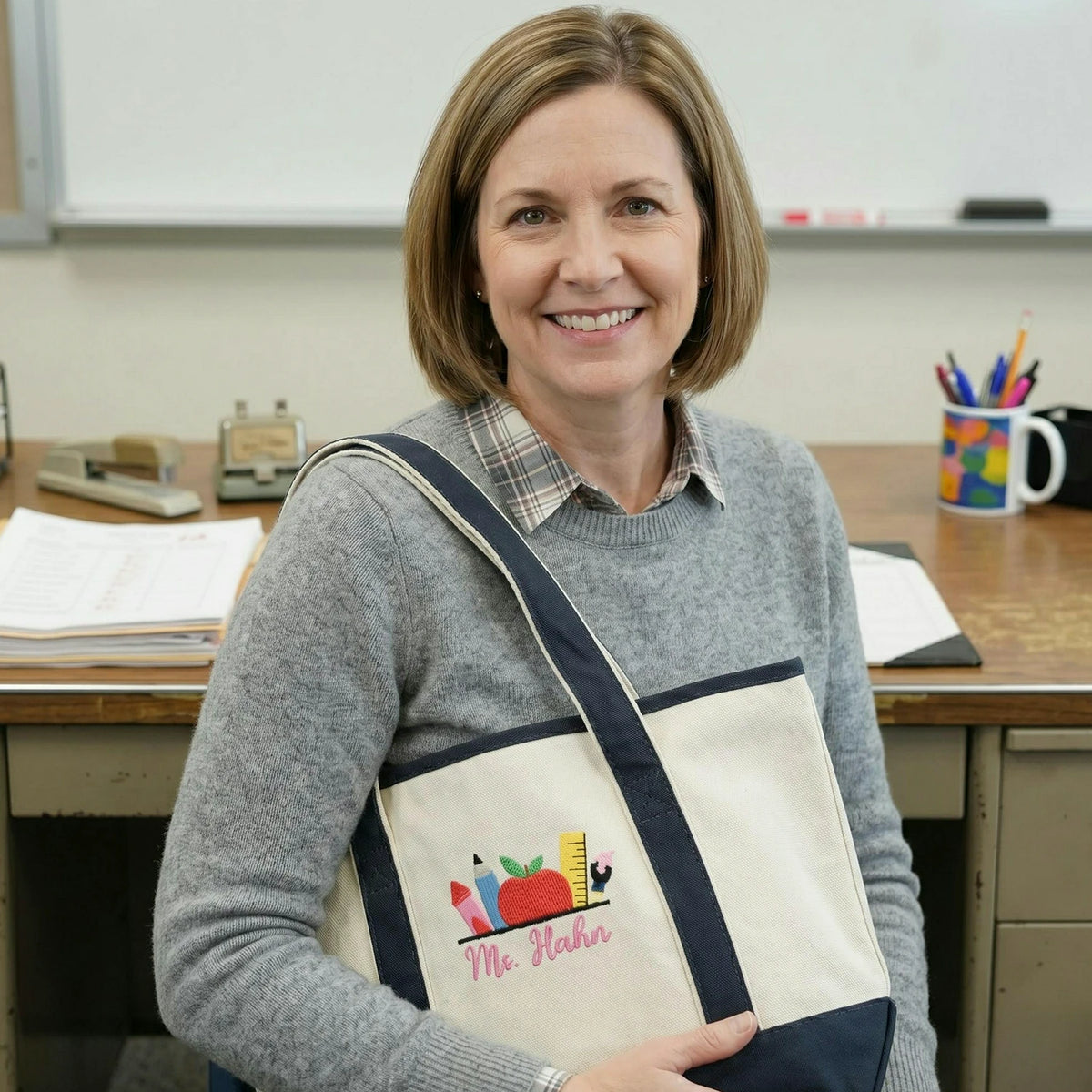 Embroidered Pre-K Teacher Name Tote Bag - Personalized Gift from Student Moms