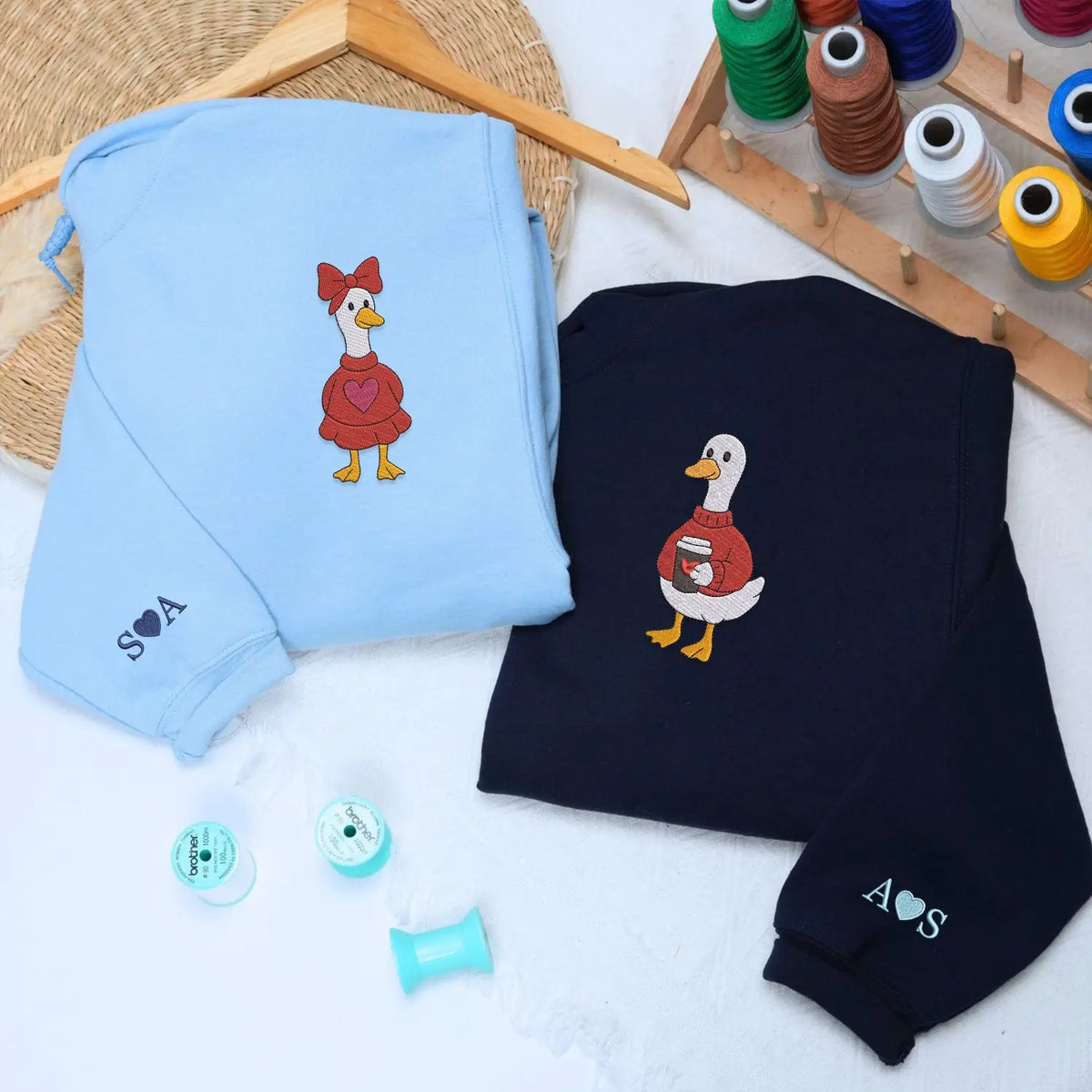 Embroidered silly goose Valentine sweatshirt for couples with custom text on sleeve, cozy matching hoodie gift